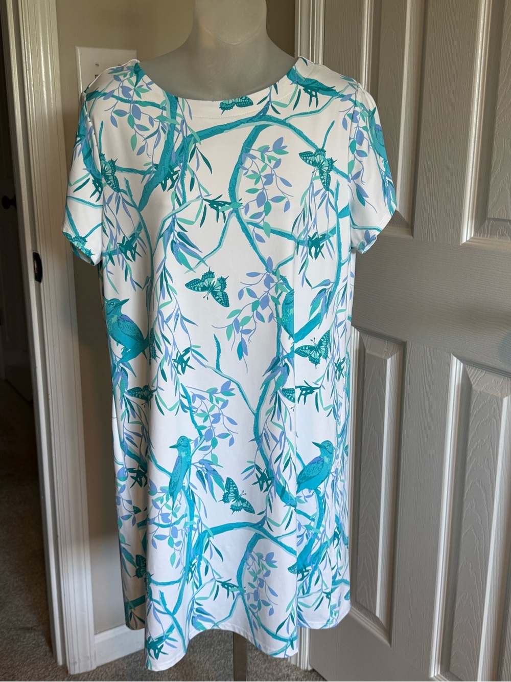 Jude Connally White Dress with Teal & Aqua Bird Print